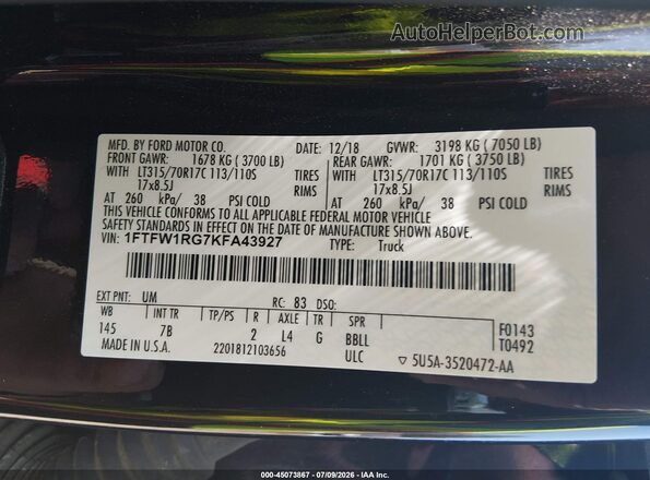 1FTFW1RG7KFA43927 2019 FORD F150 Черный Вид наклейки с VIN-кодом
