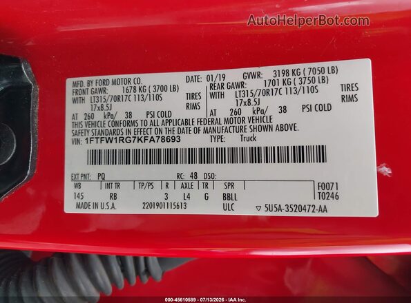 1FTFW1RG7KFA78693 2019 FORD F150 Red Շարժիչի բաժամունքի տեսք