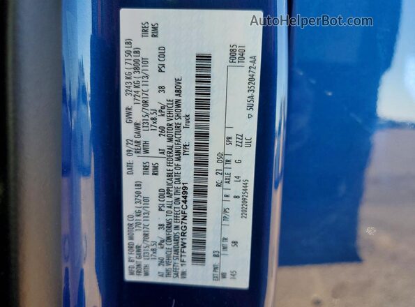 1FTFW1RG7NFC44991 2022 FORD F150 Blue VIN კოდის სტიკერის ხედი