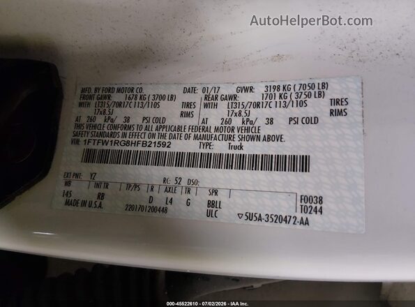 1FTFW1RG8HFB21592 2017 FORD F150 White Vista del compartimento del motor