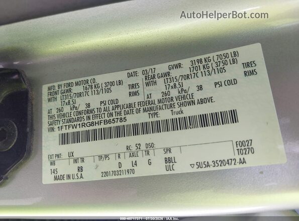 1FTFW1RG8HFB65785 2017 FORD F150 Silver Շարժիչի բաժամունքի տեսք