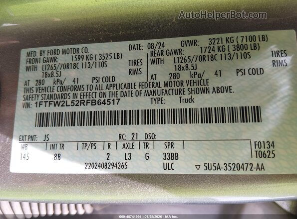 1FTFW2L52RFB64517 2024 FORD F150 Silver Շարժիչի բաժամունքի տեսք