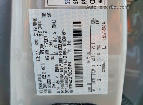 1FTFW2L57RKD23636 2024 FORD F150 Серый Панорамный вид салона 360°