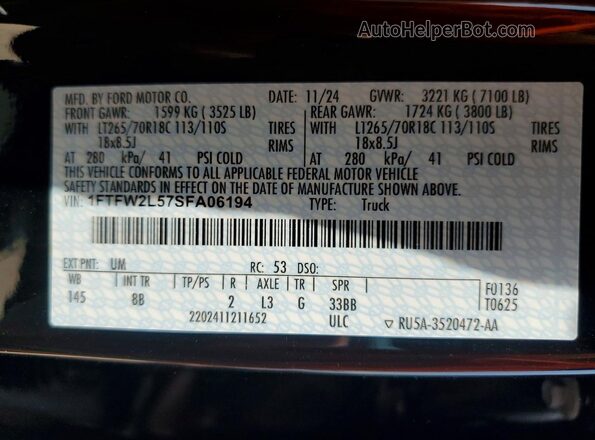 1FTFW2L57SFA06194 2025 FORD 150 Black VIN sticker view