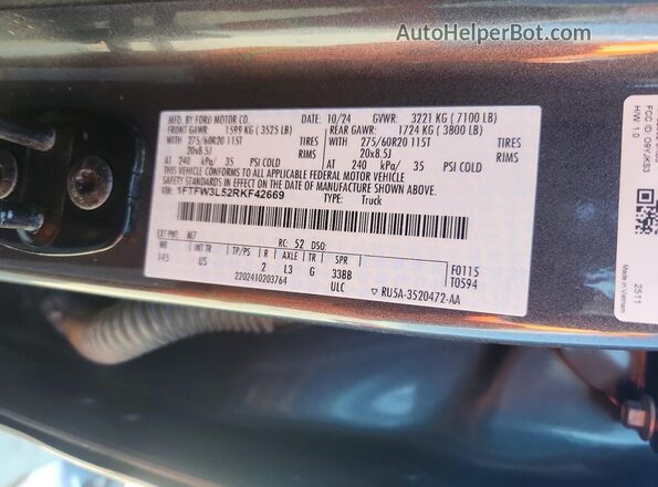 1FTFW3L52RKF42669 2024 FORD F150 Gray Widok komory silnika