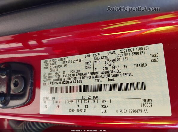 1FTFW3L52SFA14158 2025 FORD F150 Red Vista del compartimento del motor