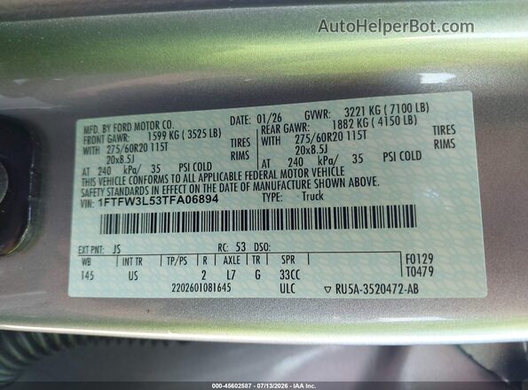 1FTFW3L53TFA06894 2026 FORD F150 Gray Widok komory silnika