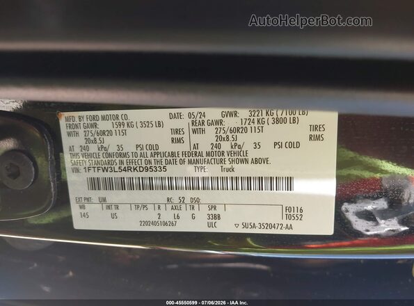 1FTFW3L54RKD95335 2024 FORD F150 Black Vista del compartimento del motor