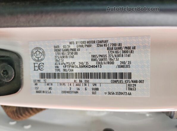 1FTFW3L59RKD40413 2024 FORD F150 White Շարժիչի բաժամունքի տեսք