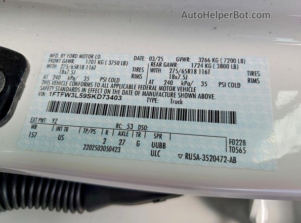 1FTFW3L59SKD73403 2025 FORD F150 Белый Вид подкапотного пространства