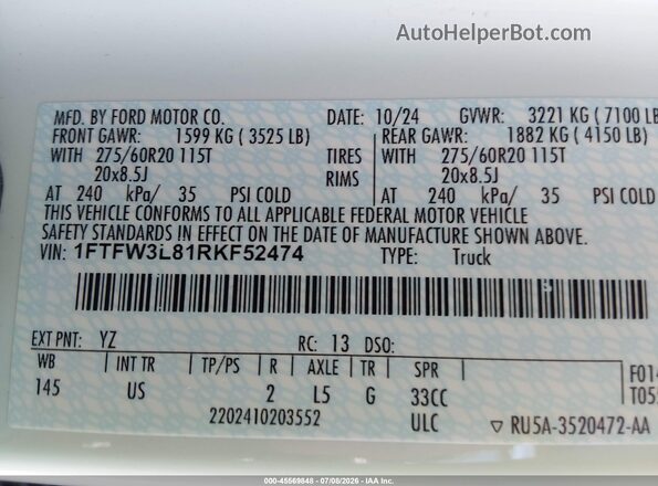 1FTFW3L81RKF52474 2024 FORD F150 White Vista del compartimento del motor