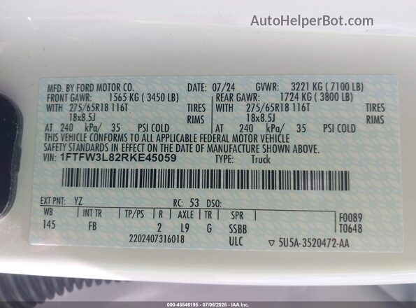 1FTFW3L82RKE45059 2024 FORD F150 White Vista del compartimento del motor