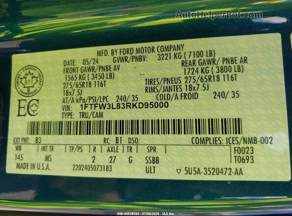 1FTFW3L83RKD95000 2024 FORD F150 Синий Вид подкапотного пространства