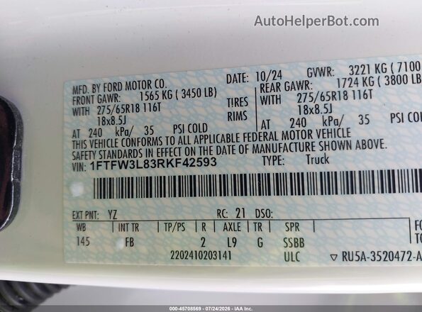 1FTFW3L83RKF42593 2024 FORD F150 White Շարժիչի բաժամունքի տեսք