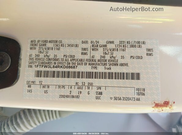 1FTFW3L84RKD08687 2024 FORD F150 Белый Вид подкапотного пространства