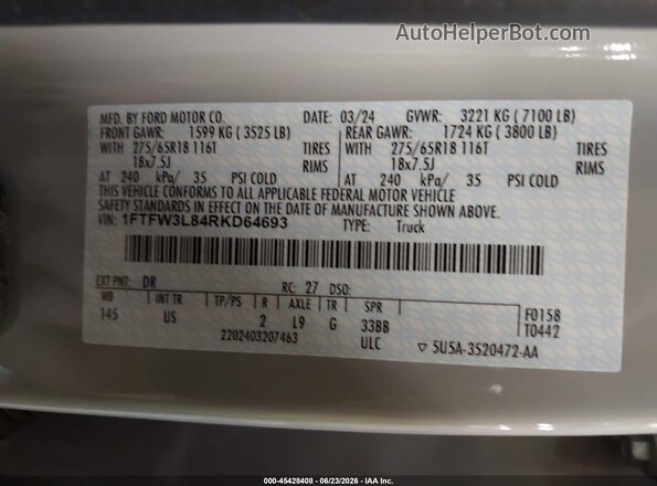 1FTFW3L84RKD64693 2024 FORD F150 Gray ძრავის განყოფილების ხედი