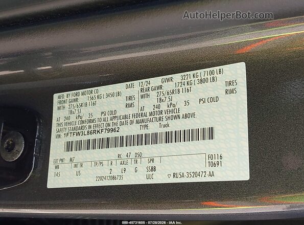 1FTFW3L86RKF79962 2024 FORD F150 Gray Շարժիչի բաժամունքի տեսք