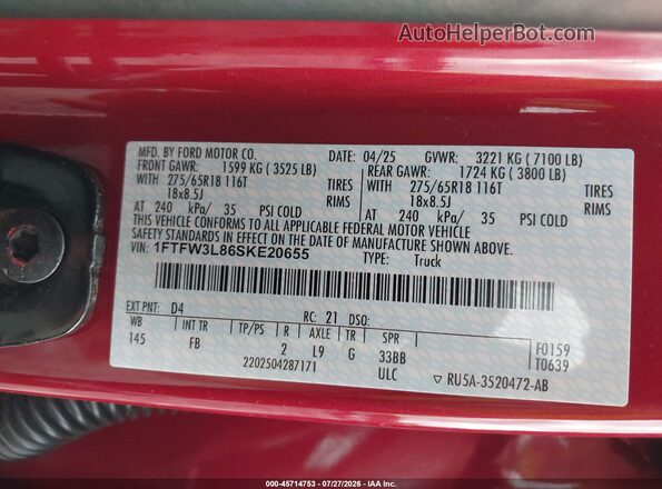 1FTFW3L86SKE20655 2025 FORD F150 Red Widok komory silnika