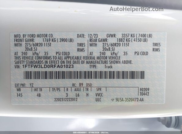 1FTFW3LD0RFA01023 2024 FORD F150 White Շարժիչի բաժամունքի տեսք