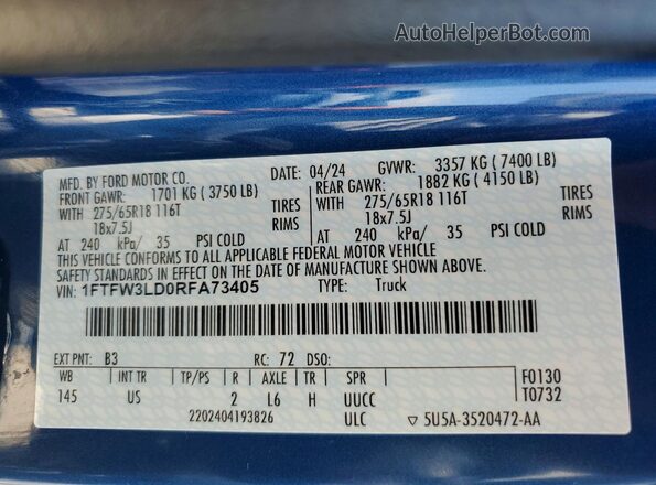 1FTFW3LD0RFA73405 2024 FORD F150 Синий Вид подкапотного пространства