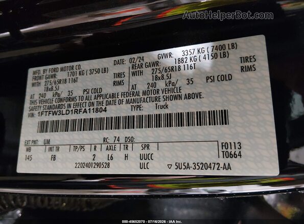1FTFW3LD1RFA11804 2024 FORD F150 Black Вид підкапотного простору