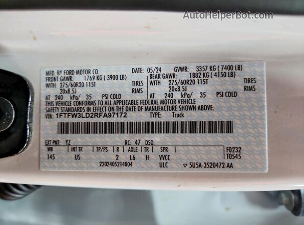 1FTFW3LD2RFA97172 2024 FORD F150 White Vista del compartimento del motor