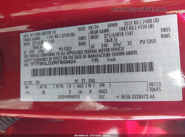 1FTFW3LD2RFB69424 2024 FORD F150 Maroon Widok komory silnika