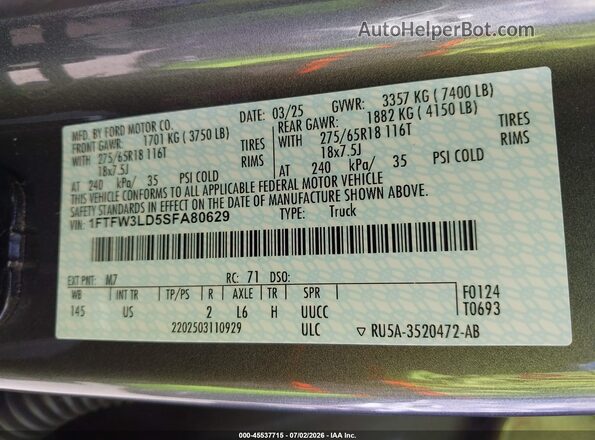 1FTFW3LD5SFA80629 2025 FORD F150 Серый Вид подкапотного пространства