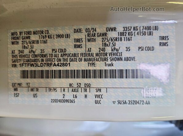 1FTFW3LD7RFA42801 2024 FORD F150 Белый Вид наклейки с VIN-кодом