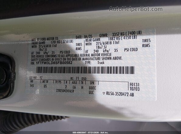 1FTFW3LD8SFB00582 2025 FORD F150 White Vista del compartimento del motor