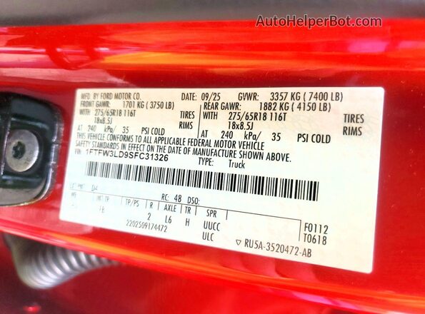 1FTFW3LD9SFC31326 2025 FORD F150 Red Շարժիչի բաժամունքի տեսք