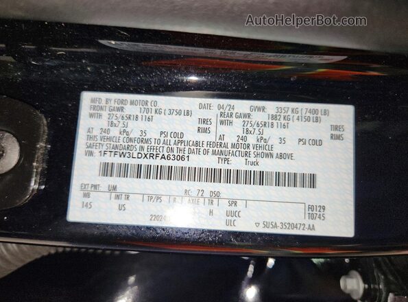 1FTFW3LDXRFA63061 2024 FORD F150 Black VIN sticker view
