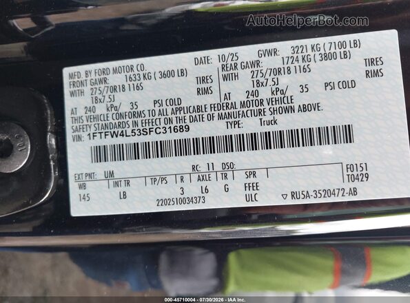 1FTFW4L53SFC31689 2025 FORD F150 Black Vista del compartimento del motor