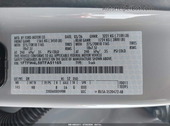 1FTFW4L59TFA51165 2026 FORD F150 Gray Vista del compartimento del motor