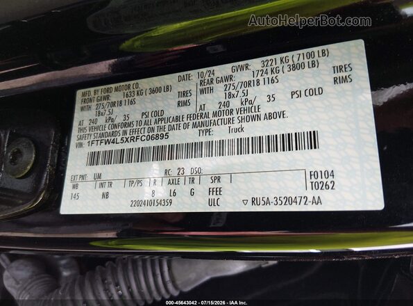 1FTFW4L5XRFC06895 2024 FORD F150 Black Engine compartment view