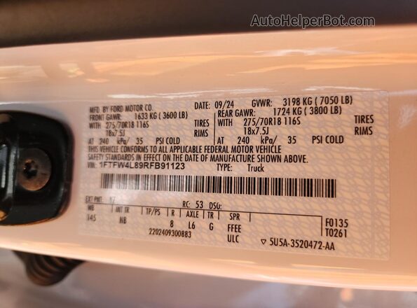 1FTFW4L89RFB91123 2024 FORD F150 White Вид наклейки з VIN-кодом