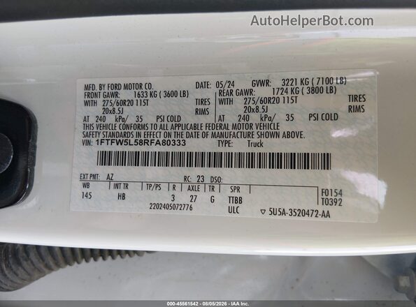 1FTFW5L58RFA80333 2024 FORD F150 White Vista del compartimento del motor