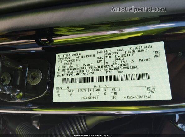 1FTFW5L58TFA46478 2026 FORD F150 Black Вид підкапотного простору