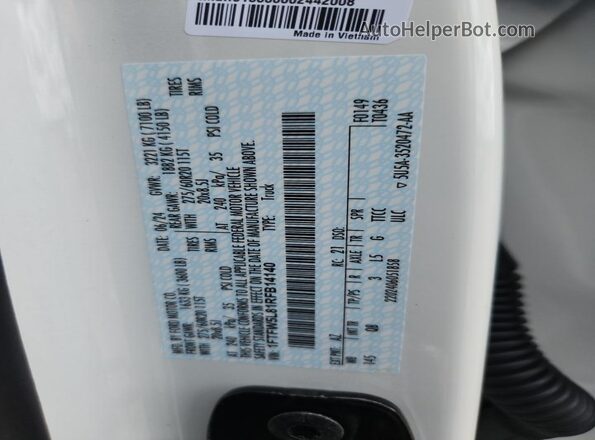 1FTFW5L81RFB14140 2024 FORD F150 White Widok naklejki z numerem VIN