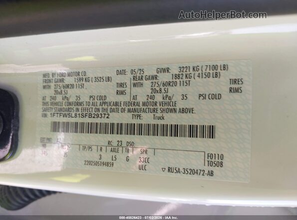 1FTFW5L81SFB29372 2025 FORD F150 White Widok komory silnika