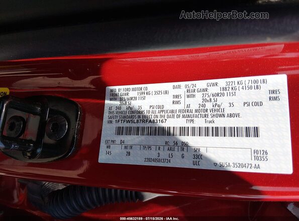 1FTFW5L87RFA83167 2024 FORD F150 Burgundy Engine compartment view