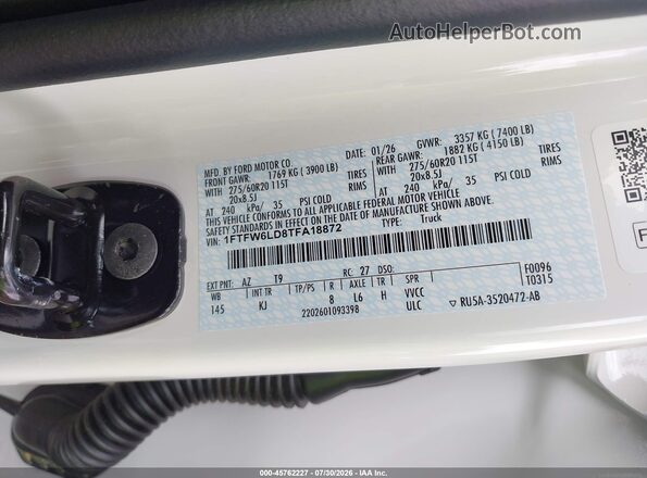 1FTFW6LD8TFA18872 2026 FORD F150 Белый Вид подкапотного пространства