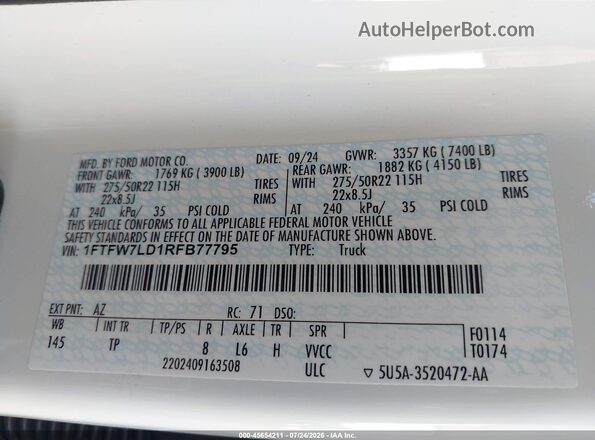 1FTFW7LD1RFB77795 2024 FORD F150 White ძრავის განყოფილების ხედი