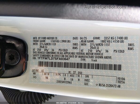 1FTFW7LD7SFA93647 2025 FORD F150 White Widok komory silnika