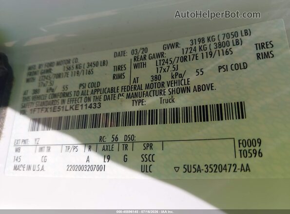 1FTFX1E51LKE11433 2020 FORD F150 White Vista del compartimento del motor