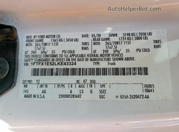 1FTFX1E52LKE43324 2020 FORD F150 White Engine compartment view