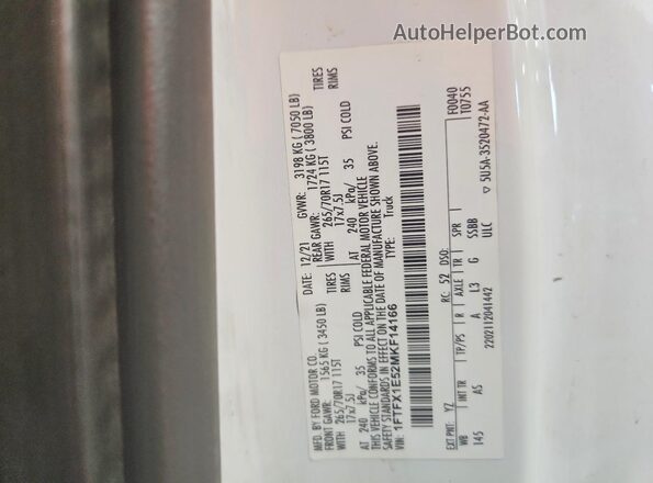 1FTFX1E52MKF14166 2021 FORD F150 Белый Вид подкапотного пространства