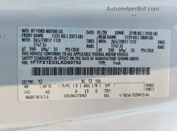1FTFX1E53LKD60792 2020 FORD F150 Белый Вид наклейки с VIN-кодом