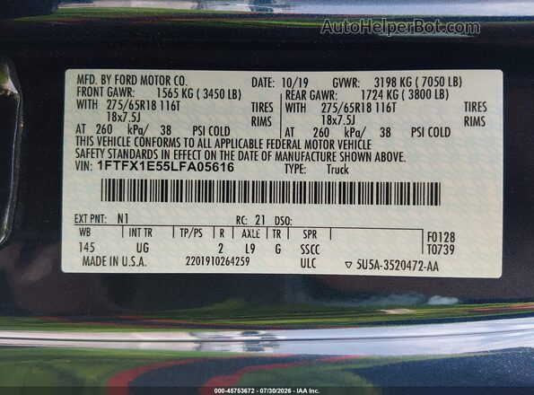 1FTFX1E55LFA05616 2020 FORD F150 Синий Вид подкапотного пространства