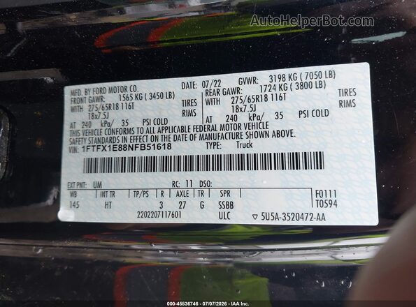1FTFX1E88NFB51618 2022 FORD F150 Black Вид підкапотного простору